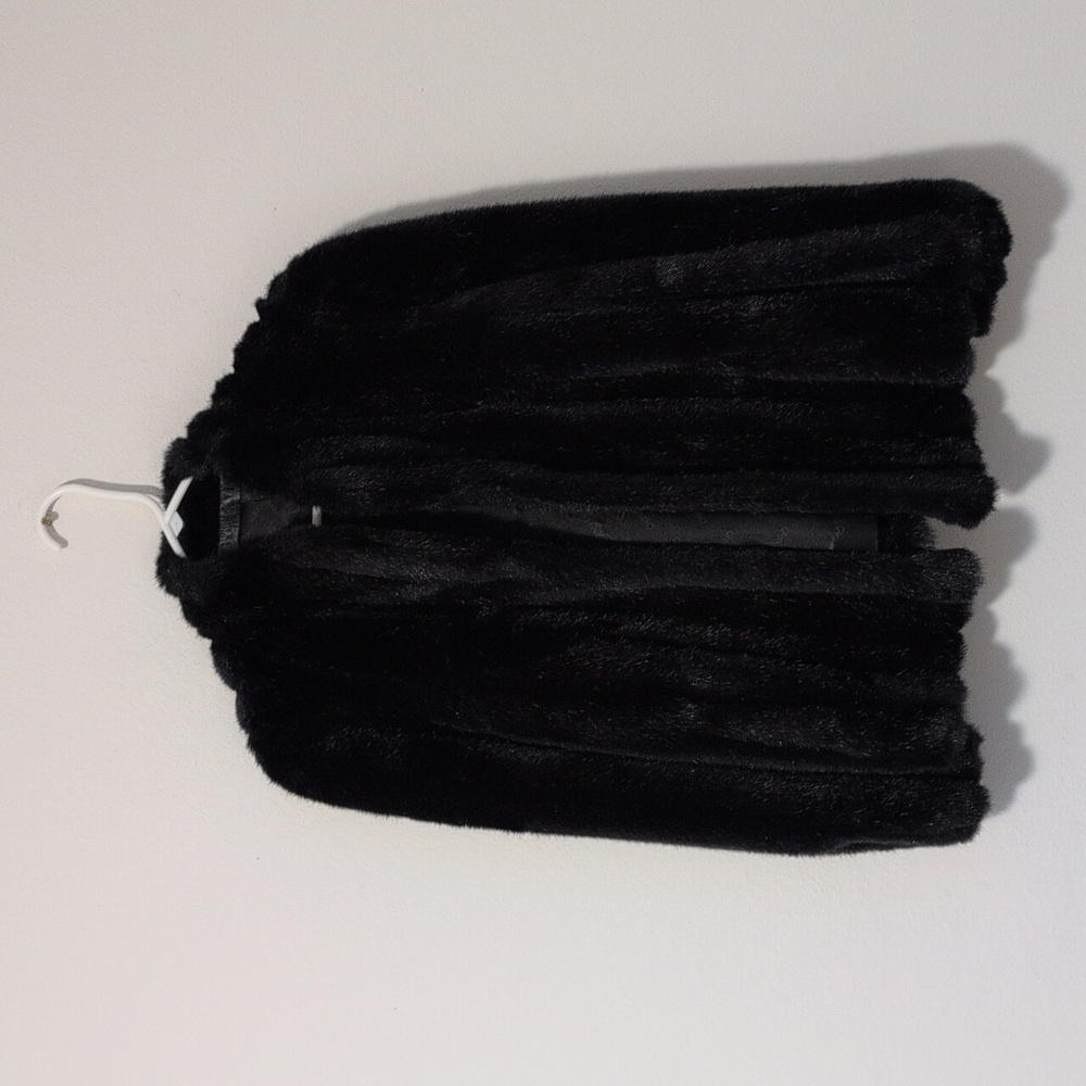 80s Casper Black Faux Fur Short Coat Black Satin Lining Vegan.